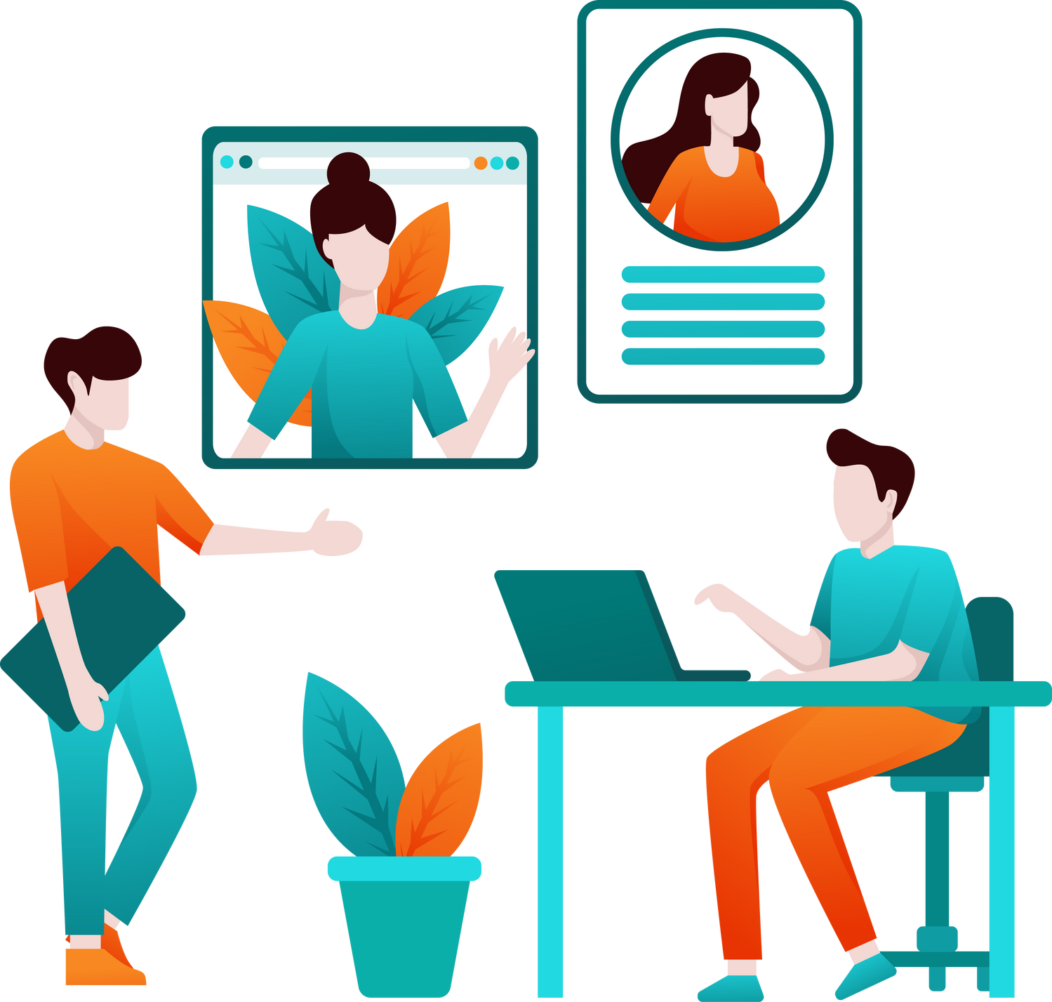 Man at desktop chatting with friends online. Vector illustration for videoconference, remote work, technology concept